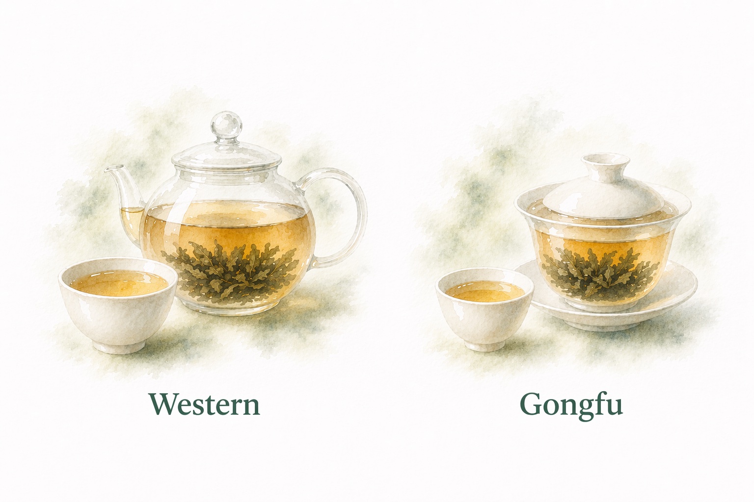 Glass teapot (Western) and gaiwan (Gongfu) with green tea